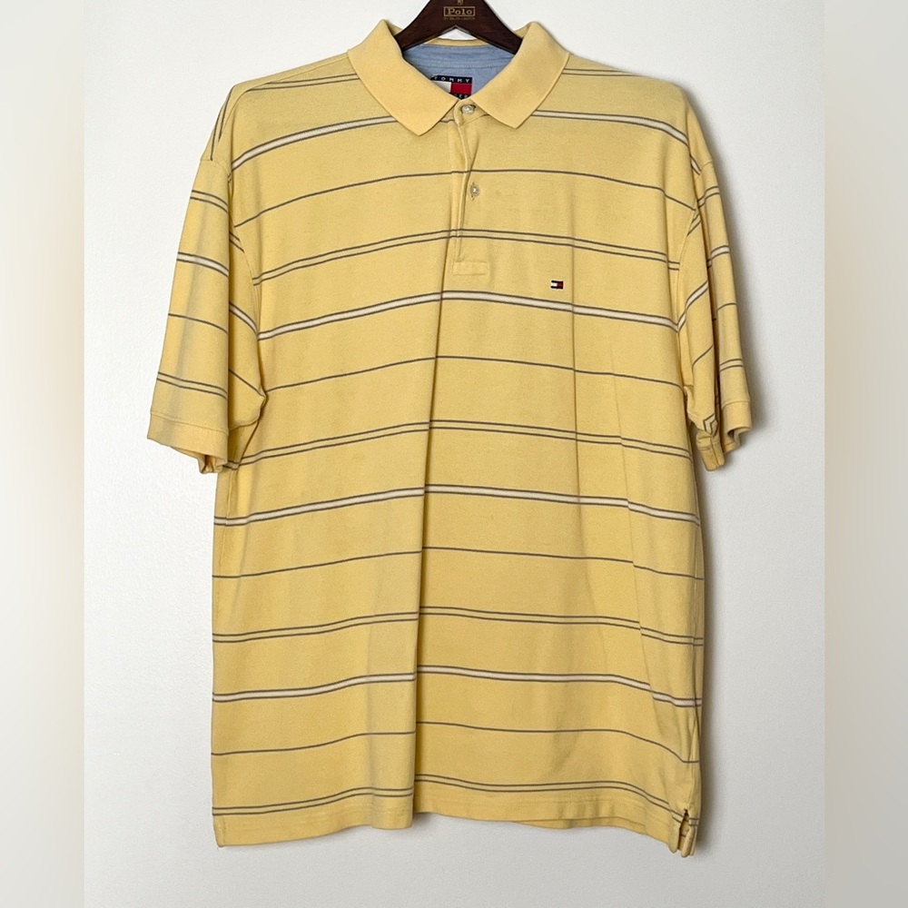 Tommy Hilfiger Polo Shirt Men’s XL Striped Yellow Blue Heritage Preppy Classic